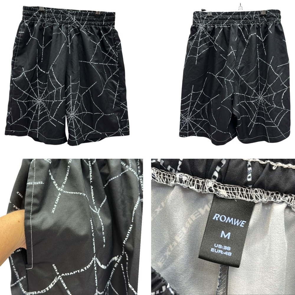 Romwe Goth Spider Web Print Elastic Waist 2 Pocket Pull On Shorts Mens Medium 38